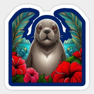 Cartoon Tattoo Art Of Hawaiian Monk Seal With Hibiscus Sticker